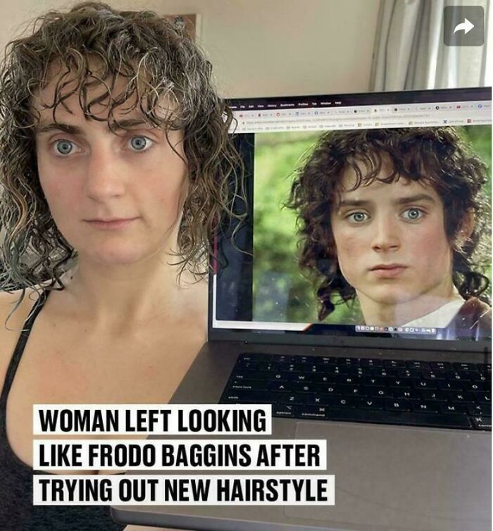 A woman with curly bad hair day, holding a laptop displaying a picture of Frodo Baggins, highlighting the resemblance.