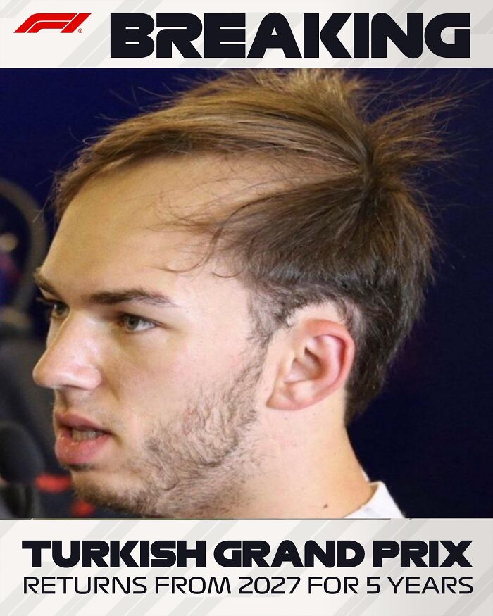 A man with a noticeable bad hair day, featuring messy, unkempt hair, depicted in a Formula 1 graphic.