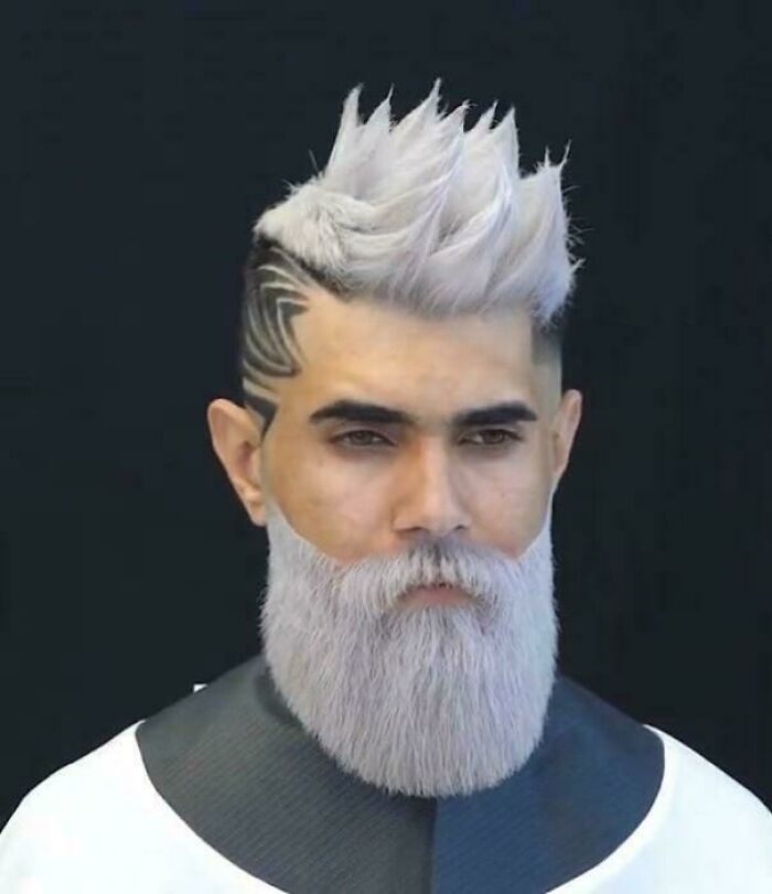 A man with a unique and bad hair day, featuring spiky white hair, intricate side designs, and a matching white beard.