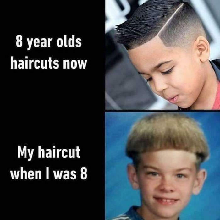 A meme comparing modern 8-year-old haircuts to a bad hair day mushroom cut from the past.