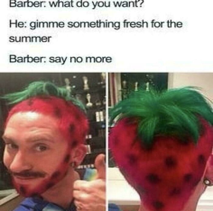 A man with a bad hair day, shaped and colored like a strawberry, giving a thumbs up.