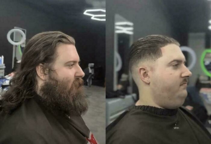 Before and after a haircut, a man with long hair and a beard, then with a shorter cut, a bad hair day.