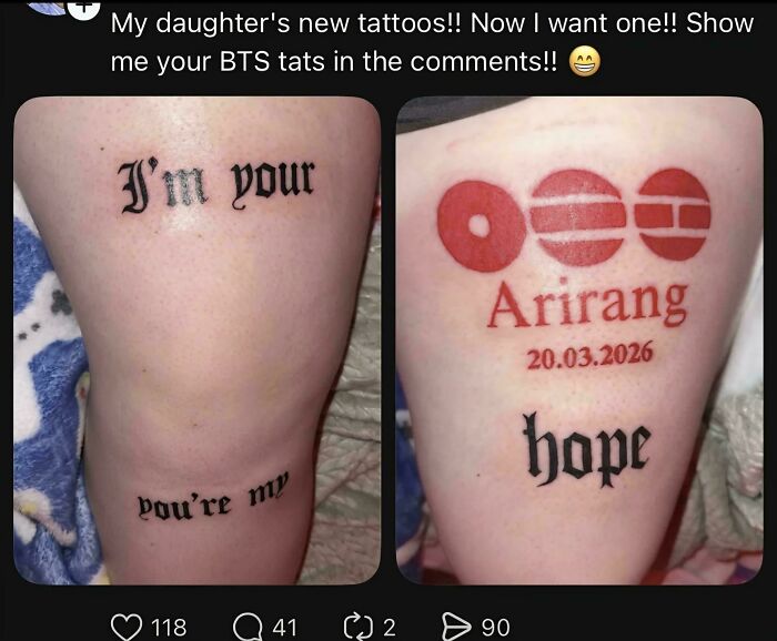 A hilariously confusing message from a BTS fan's leg tattoos, including 'I'm your', 'you're my', 'Arirang', and 'hope'.