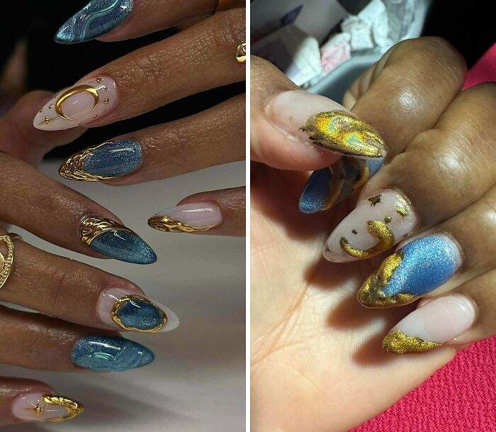 A split image of two manicures showing significantly worse results at a beauty salon than expected.