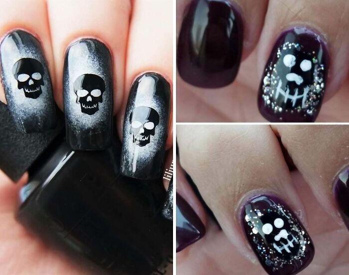 Two side-by-side images comparing skull nail art; one looking significantly better with clear design, the other looking worse from a beauty salon.