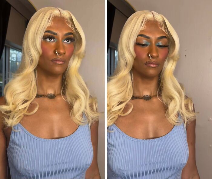 A woman looking significantly worse after a beauty salon visit, with poorly applied makeup and an ill-fitting blonde wig.
