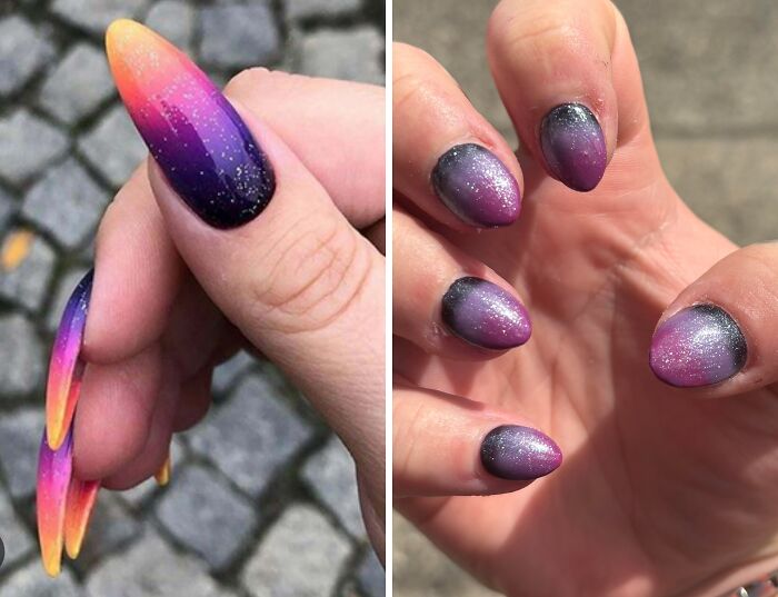 Two side-by-side images comparing ombre glitter nails; one looking significantly better with long gradient, the other looking worse and short from a beauty salon.
