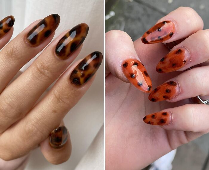 Two side-by-side images comparing tortoise shell nails; one looking significantly better, the other looking worse from a beauty salon.