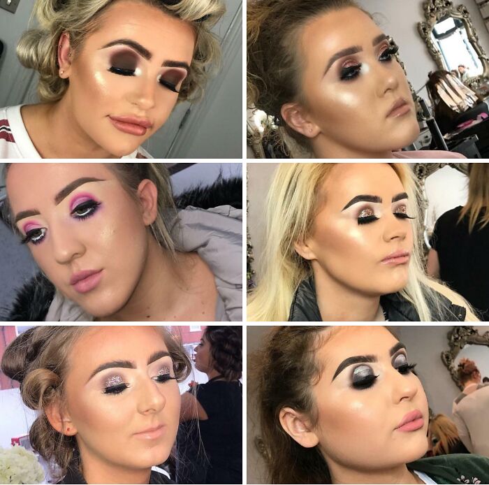 A collage of six images showing various women with poorly applied makeup after beauty salon visits, looking significantly worse.