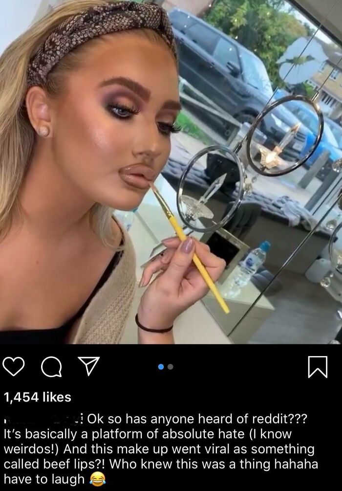 A woman getting makeup applied, resulting in 'beef lips' after a beauty salon service, looking significantly worse.