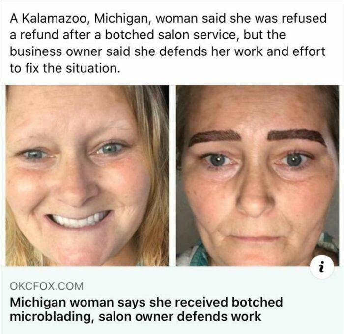 Before and after images of a woman with botched microblading from a beauty salon, looking significantly worse.