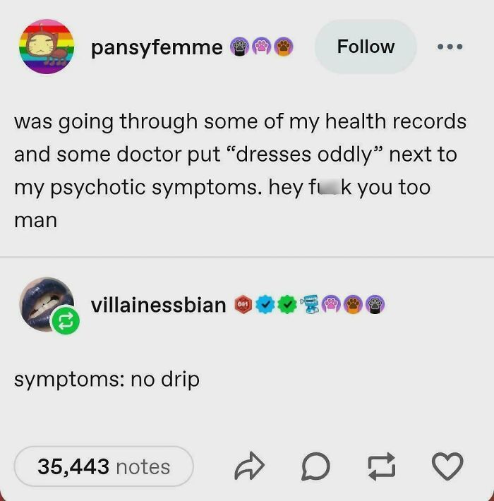 A Tumblr post humorously showing a medical record noting a patient dresses oddly, a wild Tumblr gem.