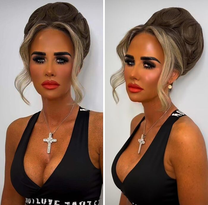 A woman with an extreme tan, heavy makeup, and a dramatic updo, a beauty salon outcome looking significantly worse.