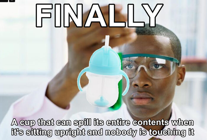 A meme of a scientist holding a baby cup, representing the wholesome and fun side of being a dad.