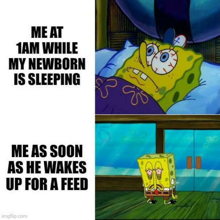 A Spongebob meme illustrating a dad's exhaustion and the fun side of being a dad with a newborn.