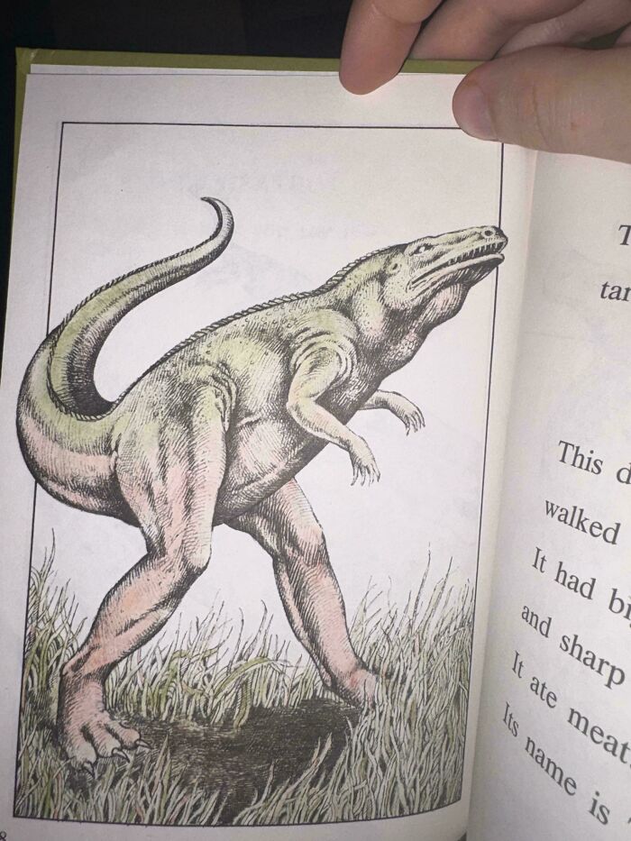 An illustration of a dinosaur with human-like legs in a book, a fun image that could be shared by a dad.