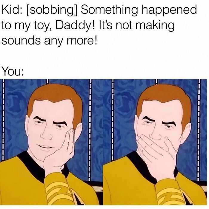 A meme showing a dad reacting with humor to his childs broken toy, illustrating the fun side of being a dad.