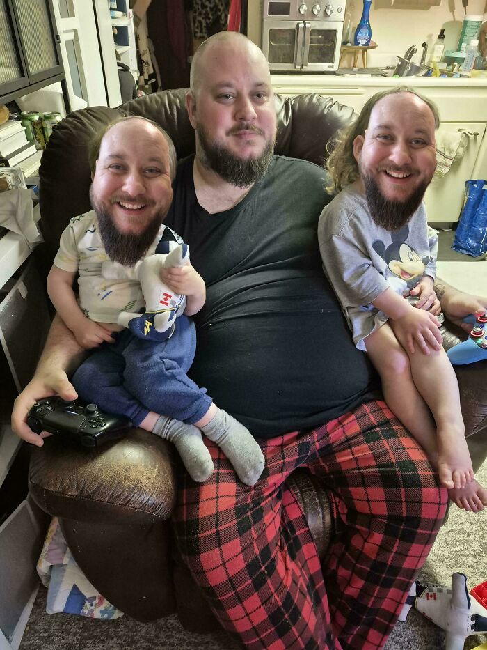A dad with his two kids, faces comically swapped, highlighting the fun side of being a dad.