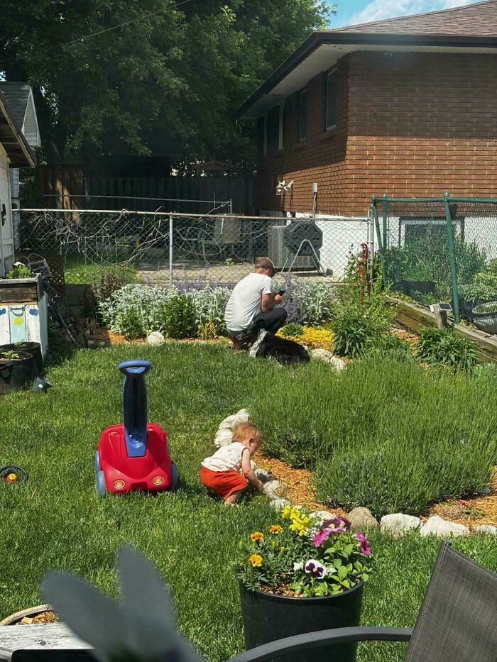 A dad and child playing outdoors in a garden, capturing the wholesome and fun side of being a dad.
