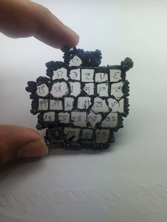 A hand holding a burnt object with small tiles inscribed with letters, an interesting photo.