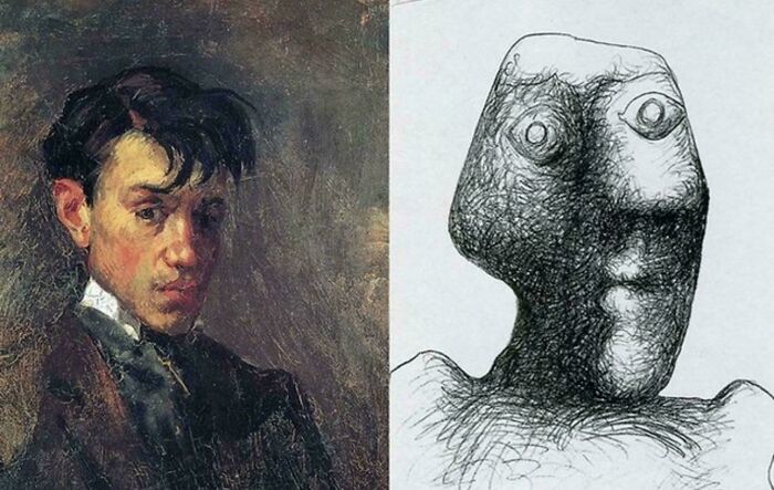 A split image showing a classical portrait and an abstract sketch, both interesting examples of art