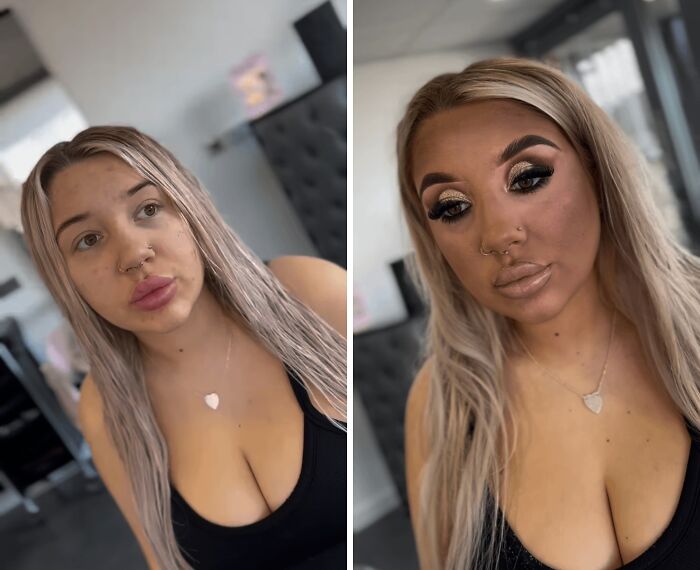 A split image showing a woman before and after a beauty salon visit, with makeup that makes her look significantly worse.