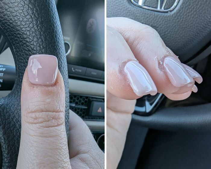 A split image of a thumb with a light pink nail polish and four fingers with poorly applied, lumpy pink gel nails from a beauty salon.
