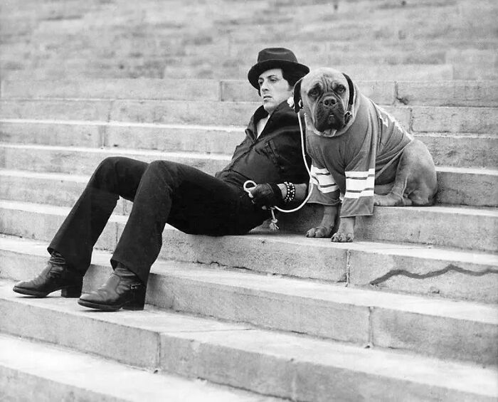 Historical photos: Sylvester Stallone with his dog Butkus, iconic scene from Rocky Balboa.