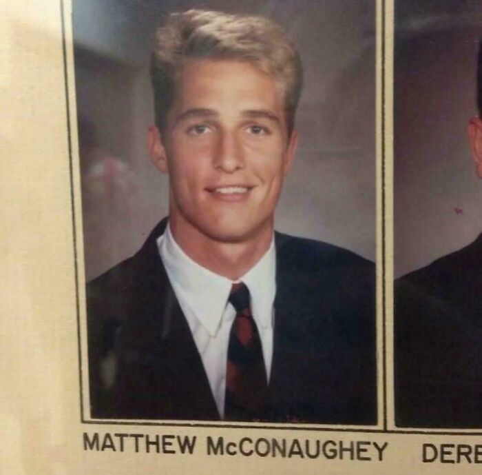 A historical photo of Matthew McConaughey's high school yearbook picture, a smiling young man in a suit.