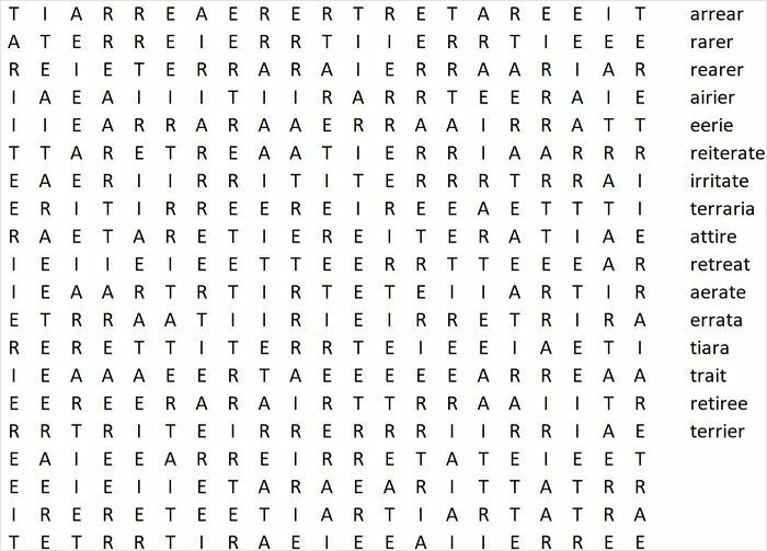 A classic word search brain puzzle with a list of words like arrear, rarer, airier, and terraria to find.