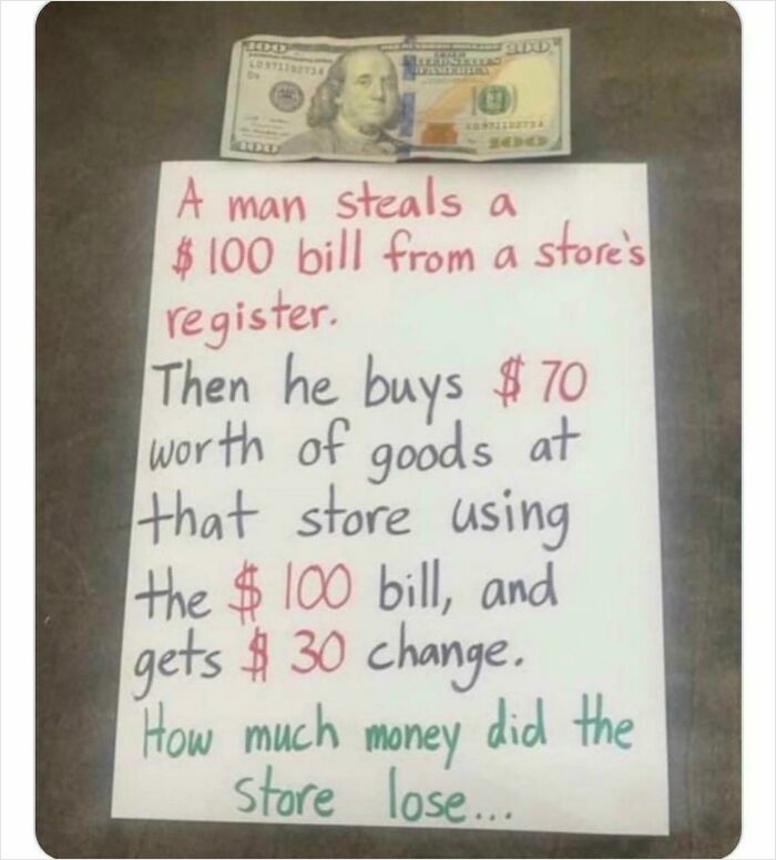 A money riddle brain puzzle for confident people, involving a stolen $100 bill and a store.