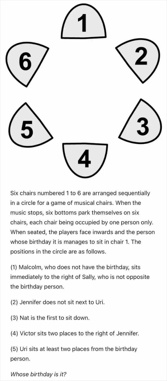 A challenging brain puzzle displaying a circular seating arrangement for a musical chairs game with conditional clues.