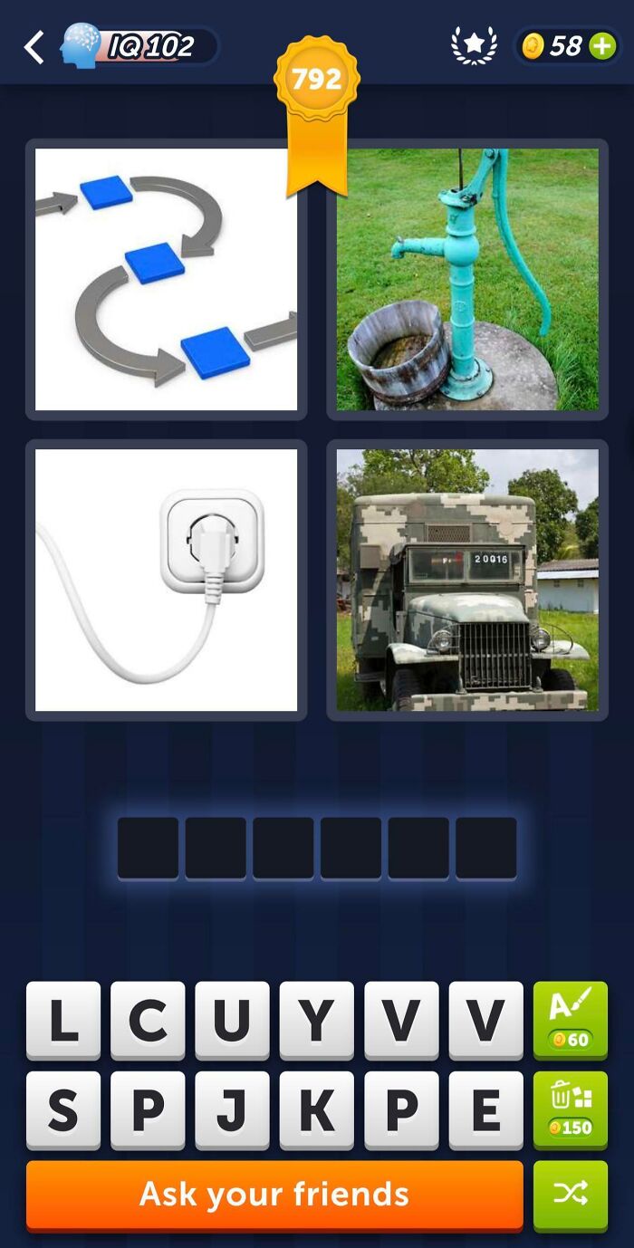 A visual brain puzzle featuring four images (arrows, water pump, electric plug, military truck) for a word guess game.