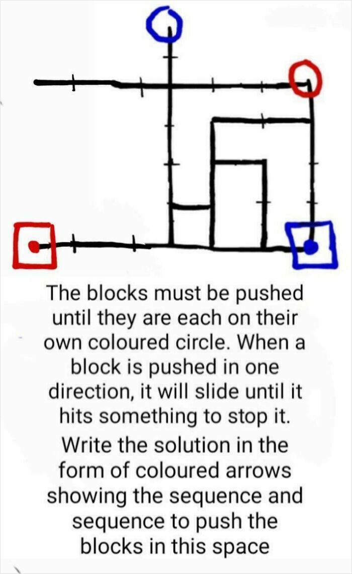 A brain puzzle showing a maze with colored blocks and circles, challenging confident people to solve it.