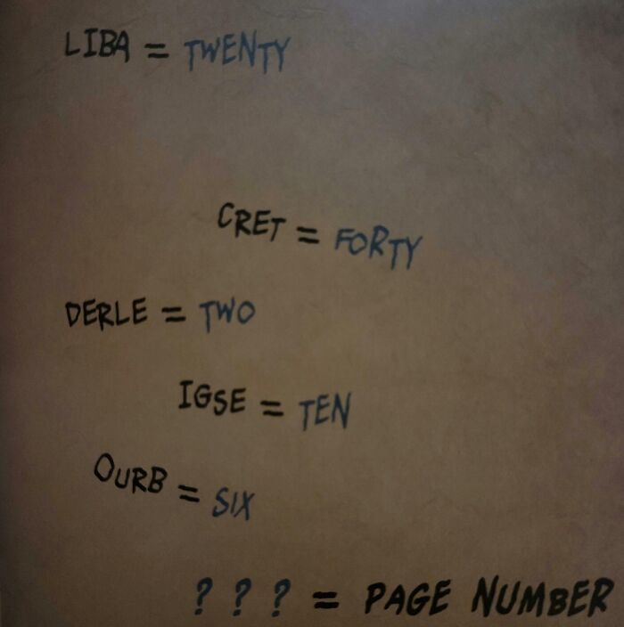 A coded brain puzzle with words and numbers for deciphering, plus a question mark for a page number.