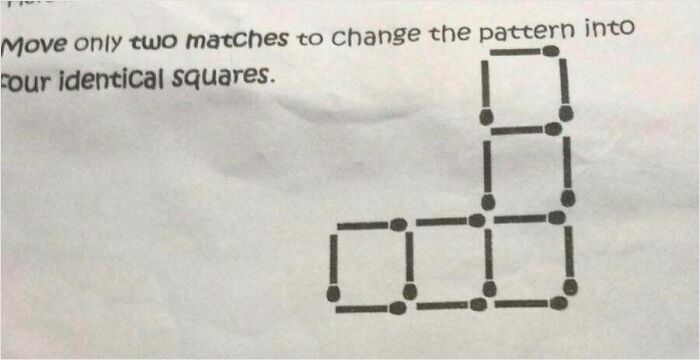 A brain puzzle featuring a matchstick pattern, asking to move two matches to form four identical squares.