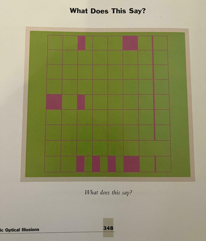 A visual brain puzzle with a green grid and purple squares forming a pattern, asking What Does This Say?