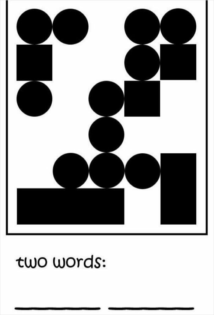 A black and white image with circles and squares, forming a brain puzzle to deduce two words.