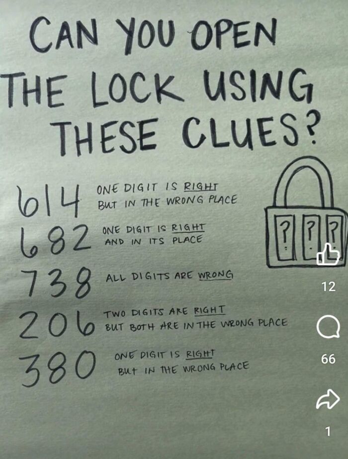 A brain puzzle showing clues for a lock combination, challenging the viewer to find the right code.