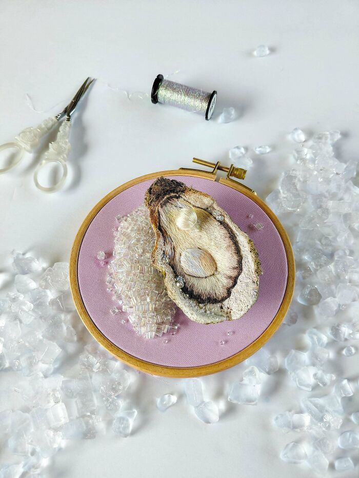 Oyster shell embroidery project with beads and pearl detail