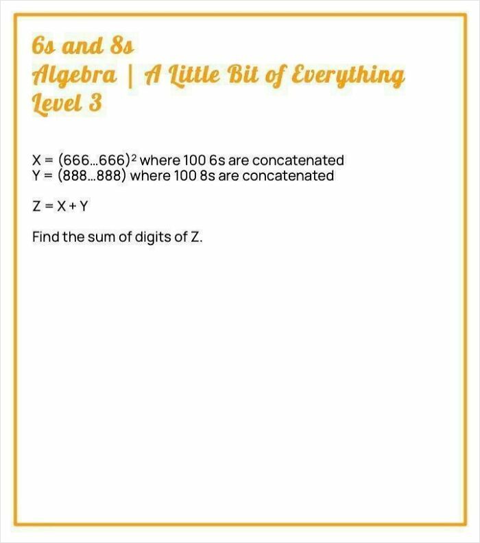 An algebra brain puzzle involving concatenated numbers and finding sums of digits.