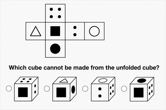 A brain puzzle showing an unfolded cube with various symbols, asking which assembled cube cannot be formed.