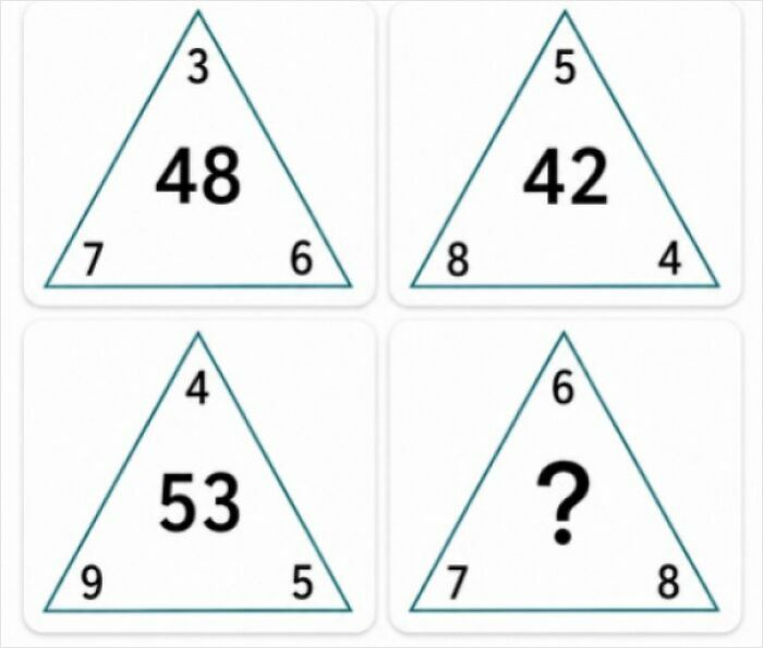 A triangular brain puzzle featuring numbers at vertices and a central number, with one missing value to find.