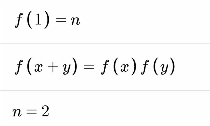 A mathematical brain puzzle showing three equations: f(1)=n, f(x+y)=f(x)f(y), and n=2.