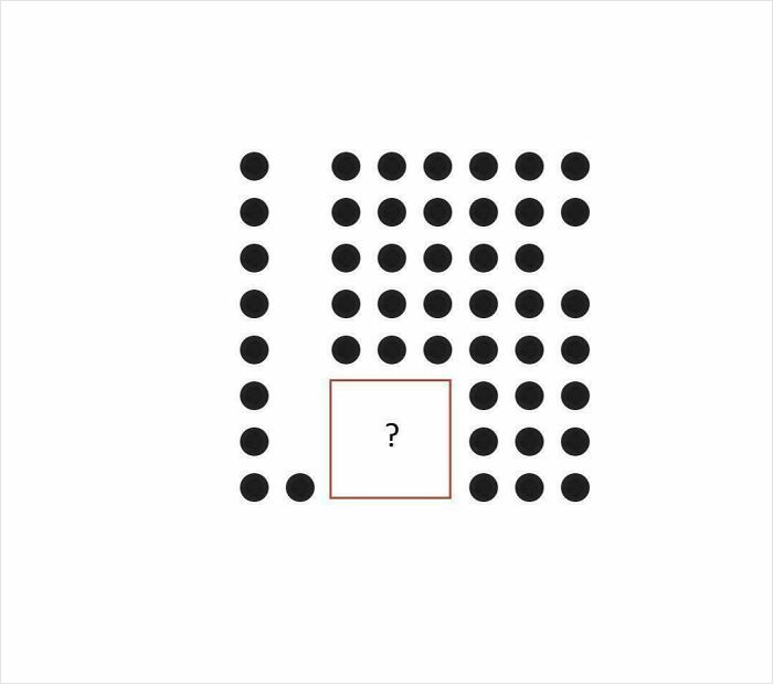 A visual brain puzzle with a grid of black dots and a missing piece marked with a question mark.