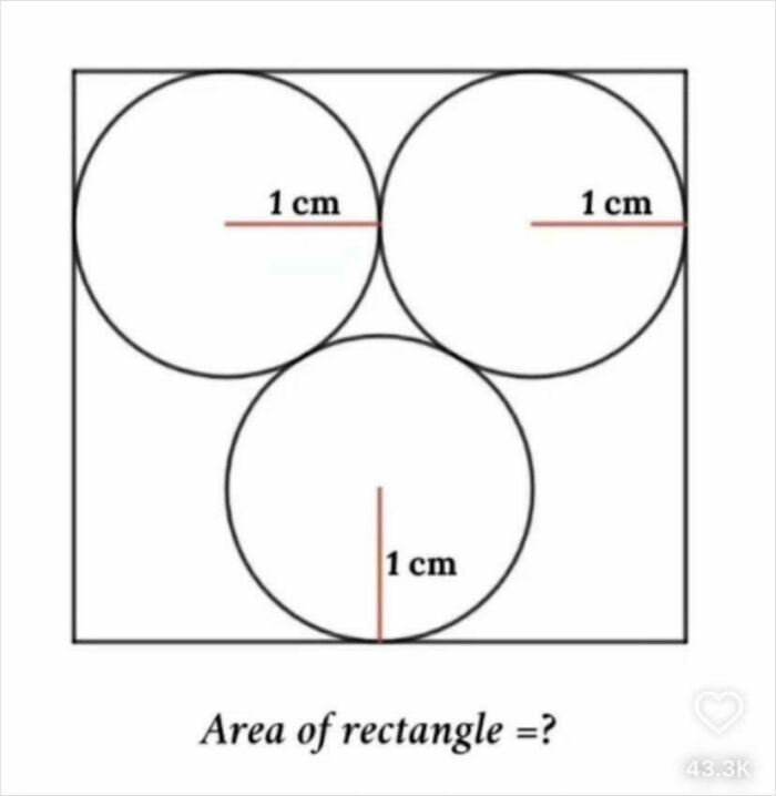 A geometric brain puzzle showing three circles of 1 cm radius inside a square, asking for the area of the rectangle.