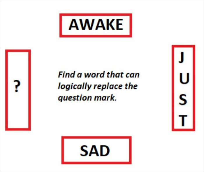 A brain puzzle with the words AWAKE, JUST, and SAD arranged around a central question mark, challenging problem-solvers.