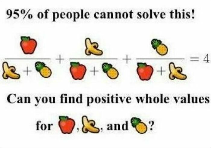 A challenging brain puzzle, featuring a math equation with fruit emojis for viewers to solve, for a confident person.
