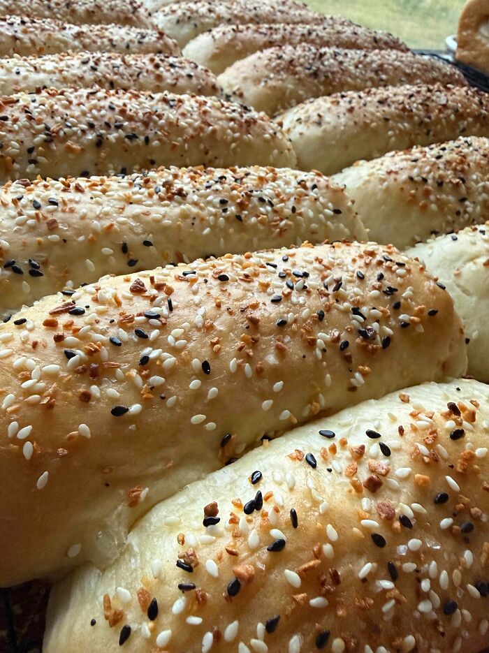 Rows of delicious treats by a baker: fresh-baked bread rolls generously topped with sesame seeds and everything bagel seasoning.