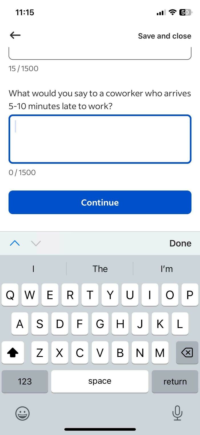 A phone screen with a job application question: What would you say to a coworker who arrives 5-10 minutes late to work? depicting recruiting hell.